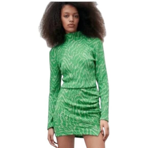 NWT Zara Jacquard Ruched Zebra Print Turtleneck & Skirt Set Green Sz S - Picture 1 of 7
